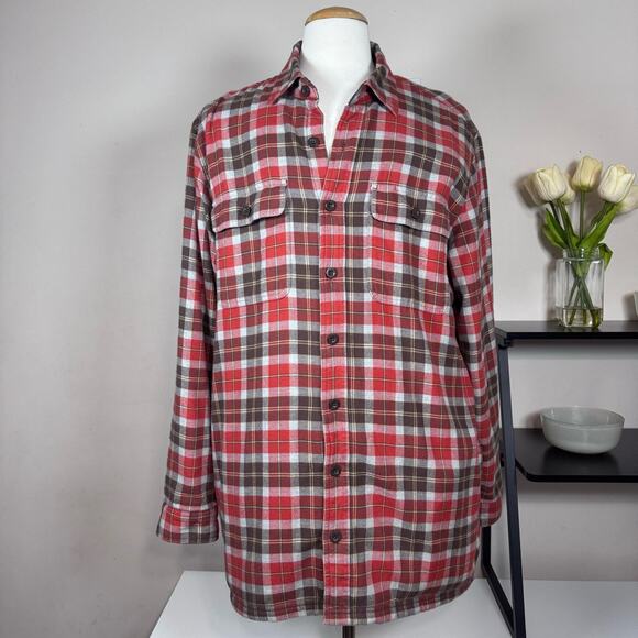 LL Bean Red Fleece Lined Cotton Flannel Button-Up Shirt Men’s Size L USED - Picture 1 of 8